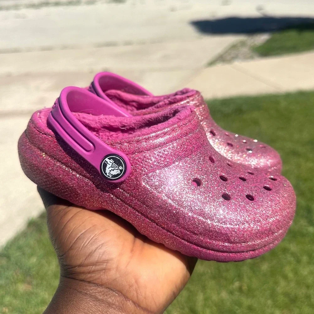 Crocs Kids Classic Lined Glitter Clogs Size 11 Pink Sparkle Sandals